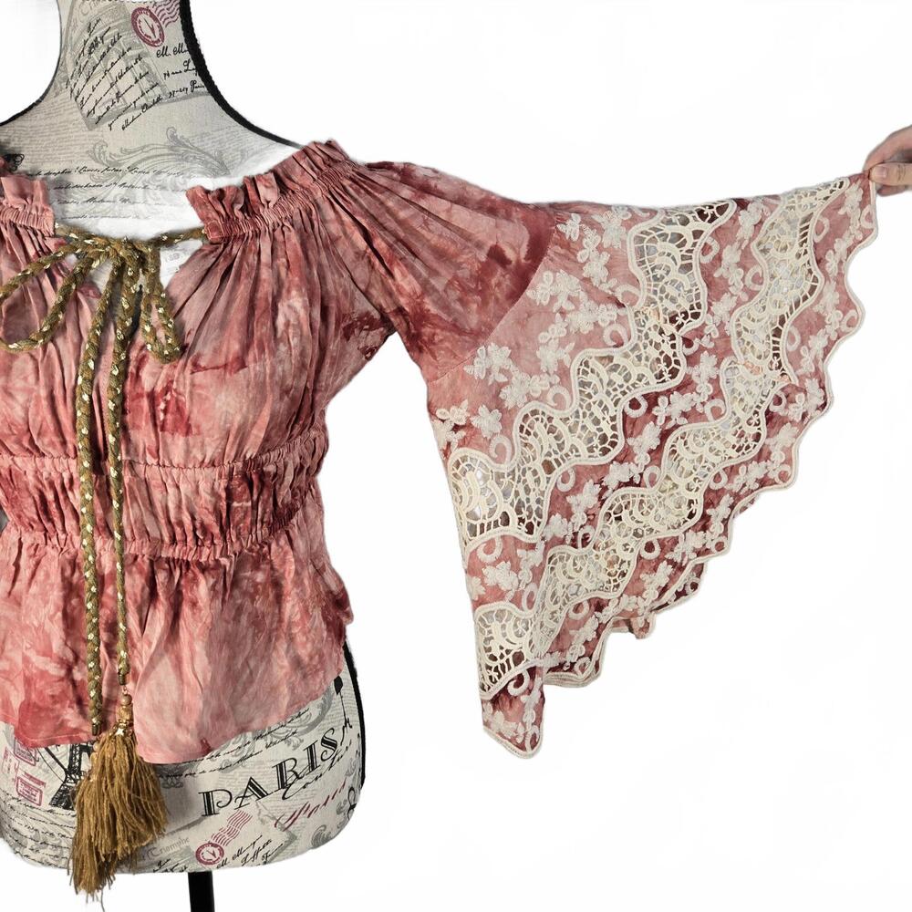 Venus Boho Tie Dye Lace Bell Sleeve Peasant Top Rose Pink Smocked Waist Small 4 - Picture 2 of 9